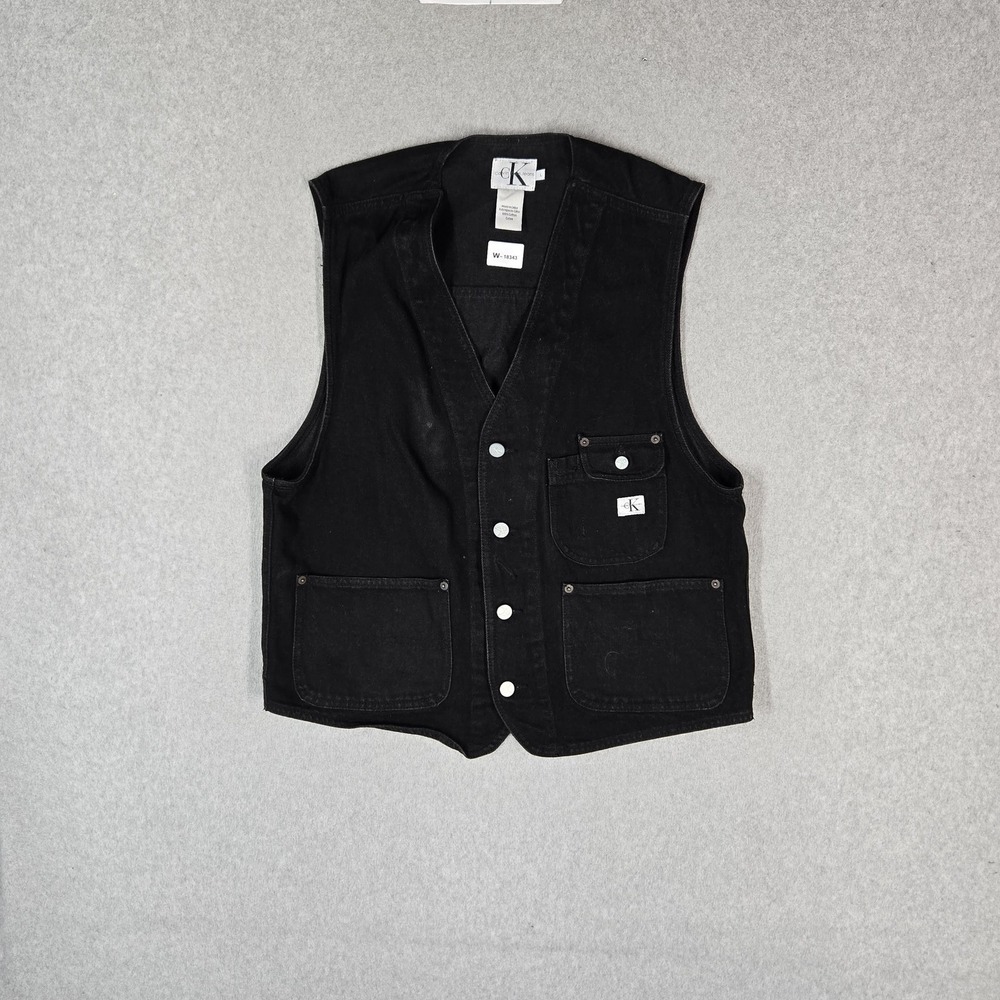 VINTAGE Calvin Klein Jeans Men Vest L Black Utility Workwear Denim 90s